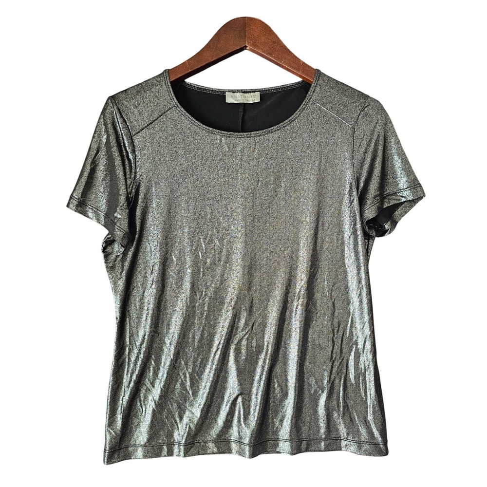 ANATOMIE Metallic‎ Silver Glitter Short Sleeve Top Made in Italy Size M Stretch